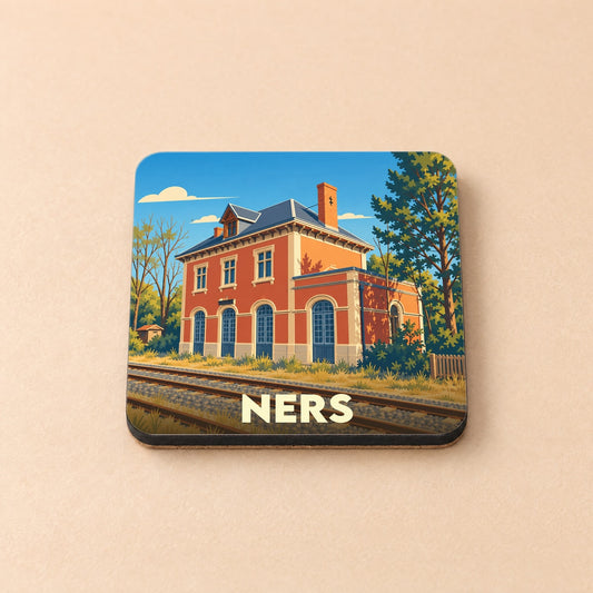 Dessous de verre souvenir de la ville de Ners avec une illustration stylisée de sa gare ferroviaire.
