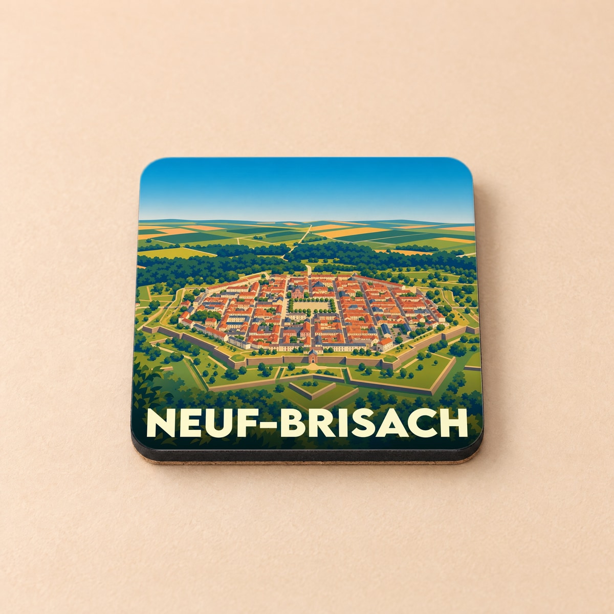Dessous de verre souvenir de la ville de Neuf-Brisach avec une illustration stylisée de ses fortifications en forme d'étoile.
