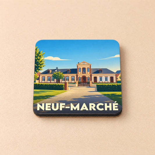 Dessous de verre souvenir de la ville de Neuf-Marché avec une illustration stylisée de sa mairie.