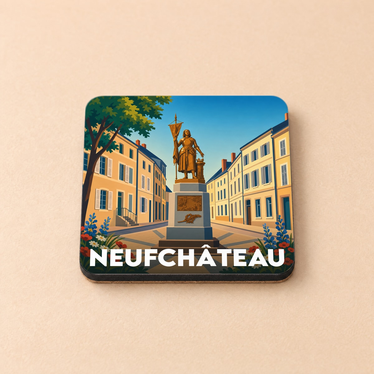 Dessous de verre souvenir de la ville de Neufchâteau illustrant une statue historique dans une rue pavée.