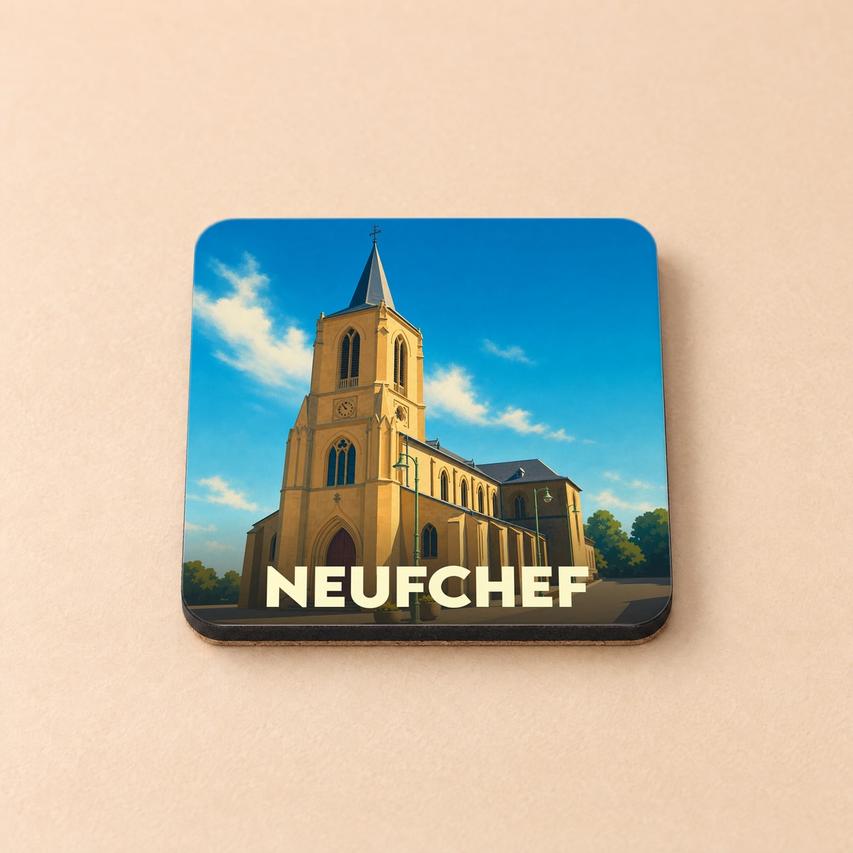 Dessous de verre souvenir de la ville de Neufchef illustrant son église sous un ciel bleu.