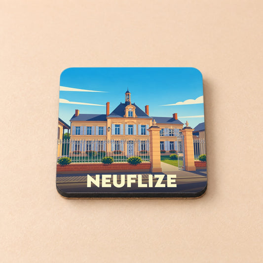 Dessous de verre souvenir de la ville de Neuflize avec une illustration stylisée d'un bâtiment historique derrière une grille.