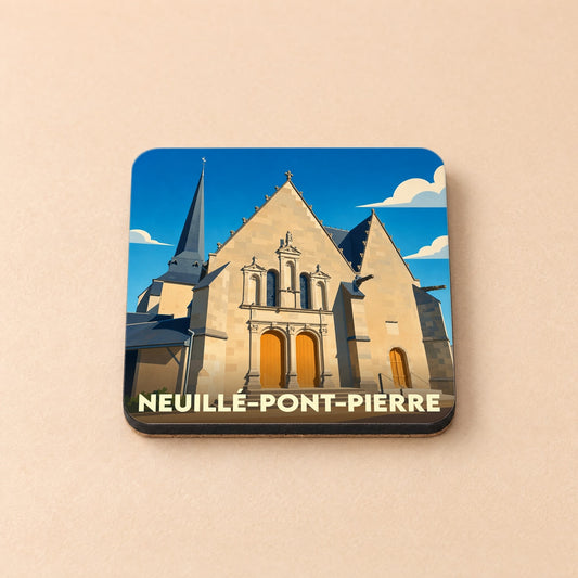 Dessous de verre souvenir de la ville de Neuillé-Pont-Pierre avec une illustration stylisée de son église.