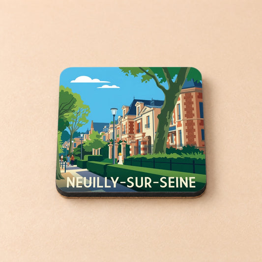 Dessous de verre souvenir de la ville de Neuilly-sur-Seine avec une illustration stylisée.