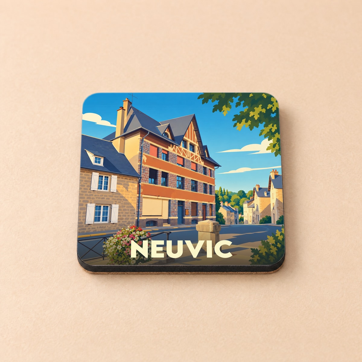 Dessous de verre souvenir de la ville de Neuvic avec une illustration stylisée de ses bâtiments colorés.
