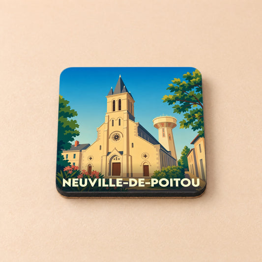 Dessous de verre souvenir de la ville de Neuville-de-Poitou avec une illustration stylisée de son église et de son château d'eau.