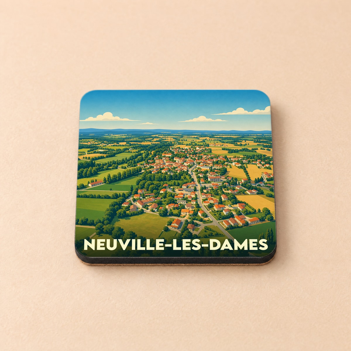 Dessous de verre souvenir de la ville de Neuville-les-Dames avec une illustration stylisée vue du ciel.