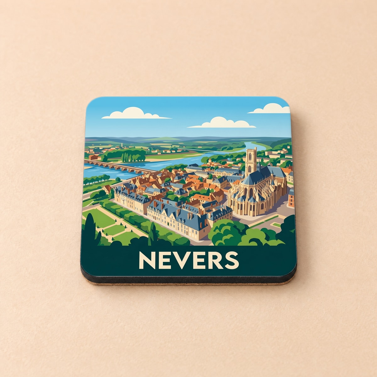 Dessous de verre souvenir de la ville de Nevers avec une illustration stylisée.