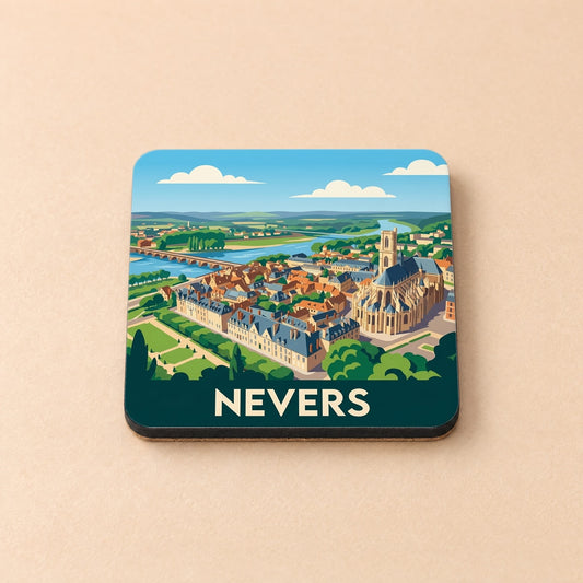 Dessous de verre souvenir de la ville de Nevers avec une illustration stylisée.