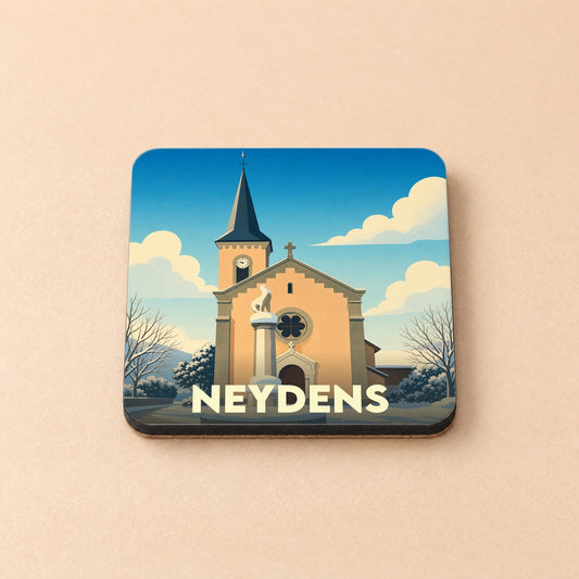 Dessous de verre souvenir de la ville de Neydens avec une illustration stylisée de son église.