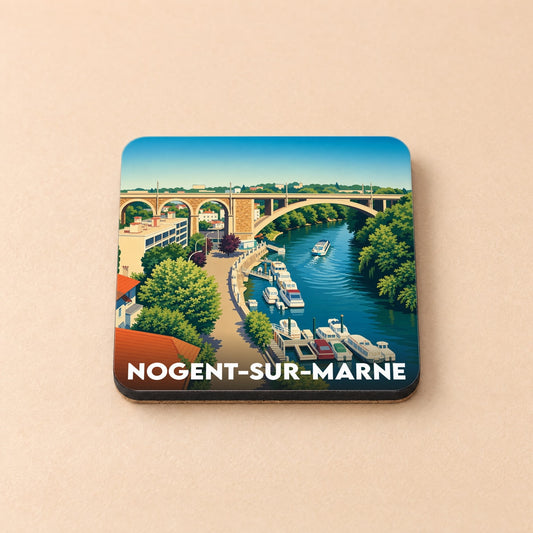 Dessous de verre souvenir de la ville de Nogent-sur-Marne avec une illustration stylisée des bords de Marne.