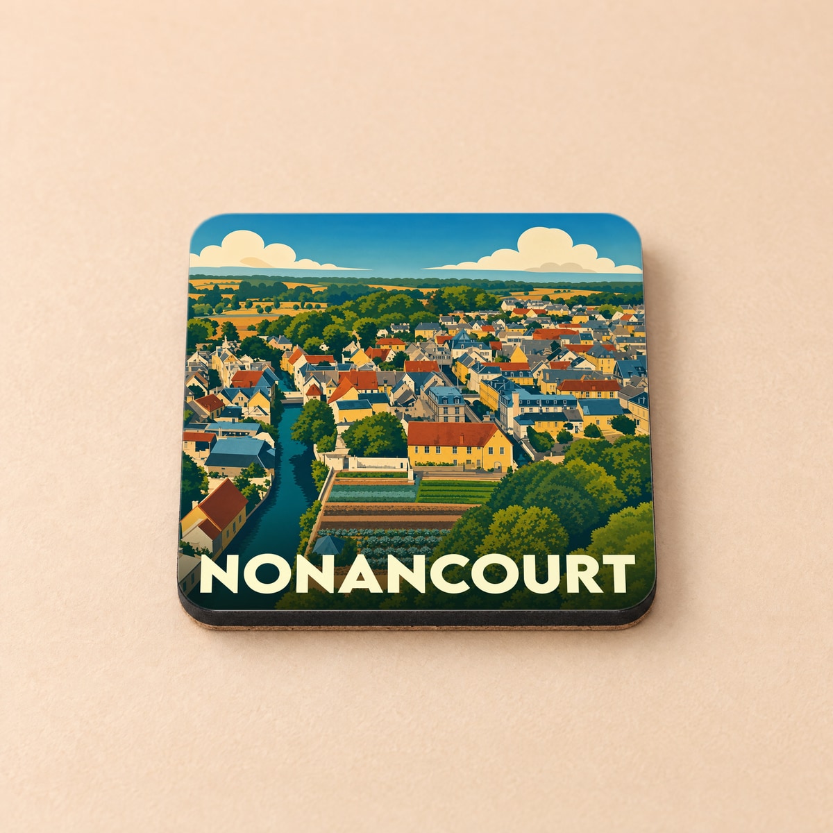 Dessous de verre souvenir de la ville de Nonancourt avec une illustration stylisée.