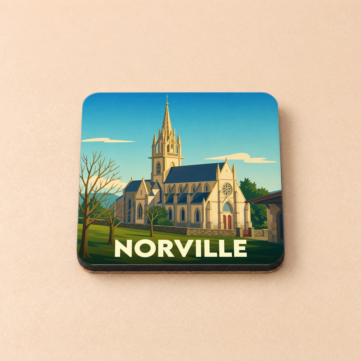 Dessous de verre souvenir de la ville de Norville orné d'une illustration stylisée de son église.