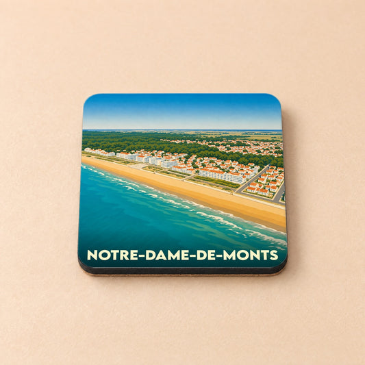 Dessous de verre souvenir de la ville de Notre-Dame-de-Monts avec une illustration stylisée du littoral.