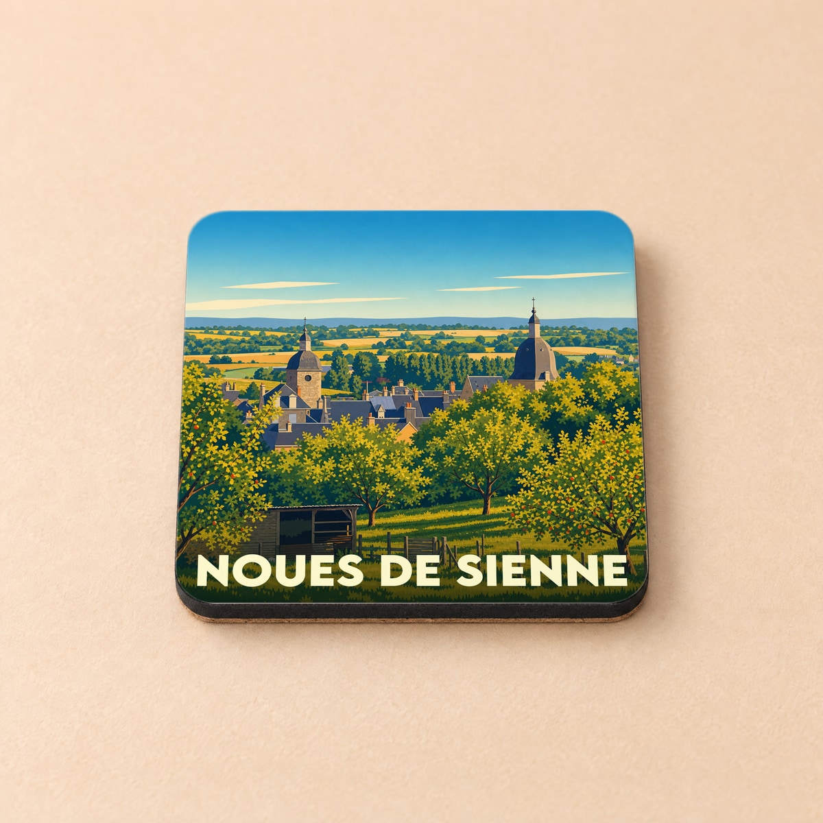 Dessous de verre souvenir de la ville de Noues de Sienne avec une illustration stylisée.
