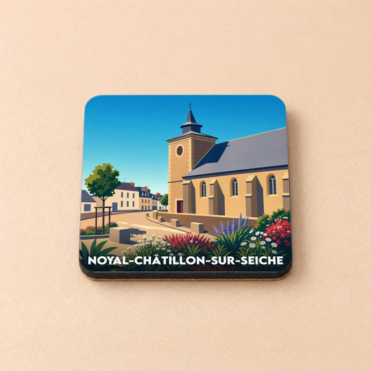 Dessous de verre souvenir de la ville de Noyal-Châtillon-sur-Seiche avec une illustration stylisée de son église.