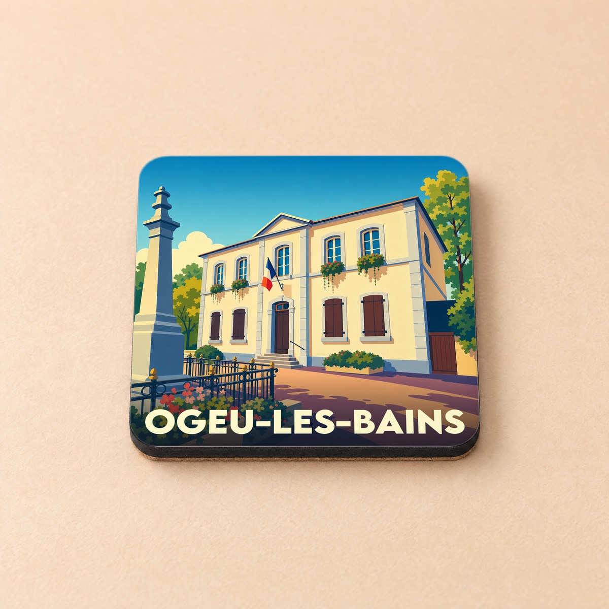 Dessous de verre souvenir de la ville d'Ogeu-les-Bains avec une illustration stylisée de la mairie.
