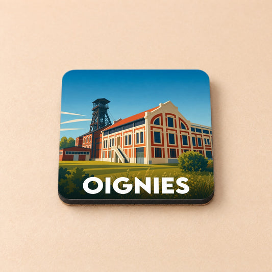 Dessous de verre souvenir de la ville de Oignies avec une illustration stylisée d'un site minier.