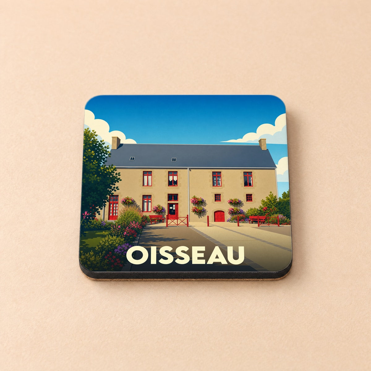 Dessous de verre souvenir de la ville de Oisseau avec une illustration stylisée d'un bâtiment traditionnel.