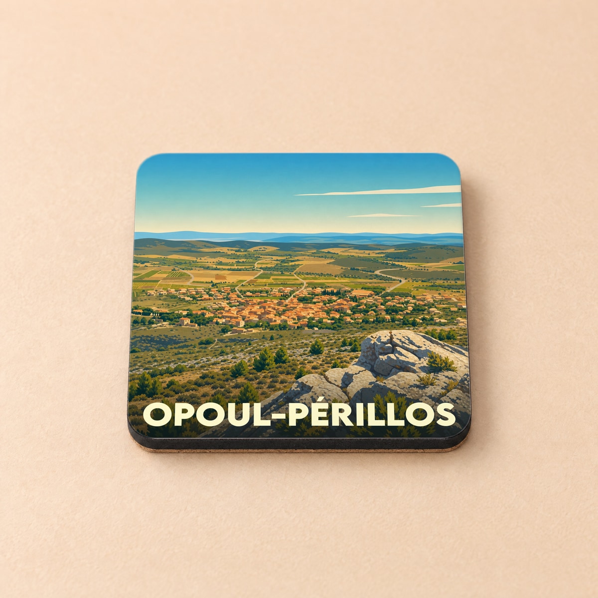 Dessous de verre souvenir d'Opoul-Périllos avec une illustration stylisée de la ville vue des hauteurs.