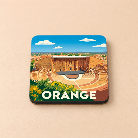 Dessous de verre souvenir de la ville d'Orange avec une illustration stylisée de son théâtre antique.