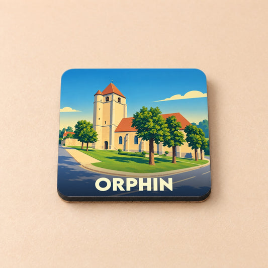 Dessous de verre souvenir de la ville d'Orphin avec une illustration stylisée de son église.