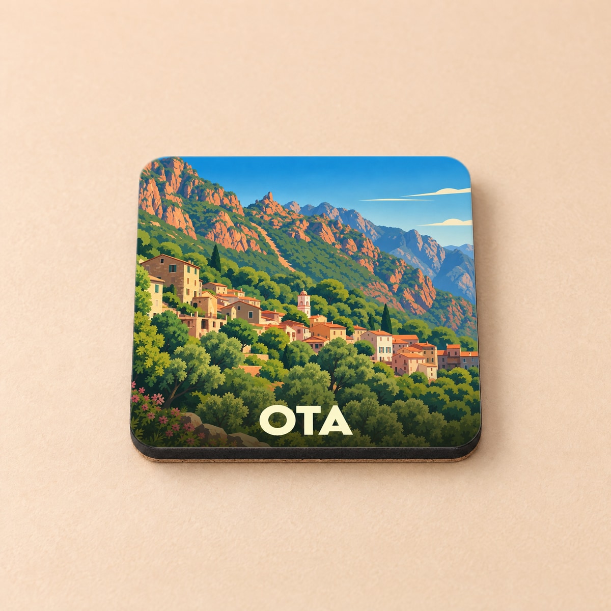 Dessous de verre souvenir de la ville d'Ota avec une illustration stylisée d'un village de montagne corse.