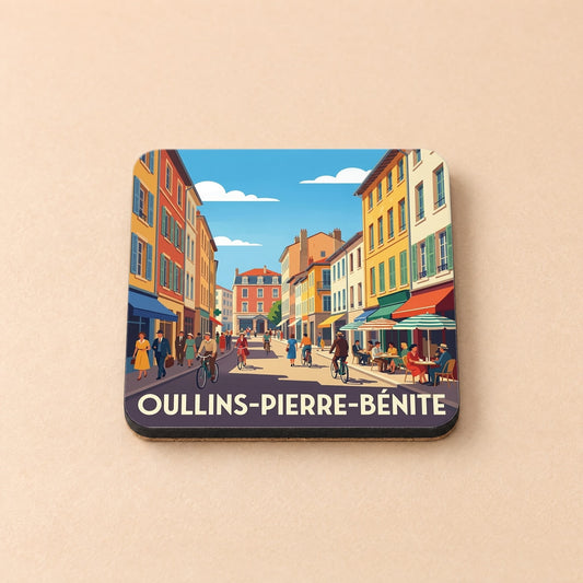 Dessous de verre souvenir de la ville d'Oullins-Pierre-Bénite avec une illustration stylisée et colorée d'une rue animée.