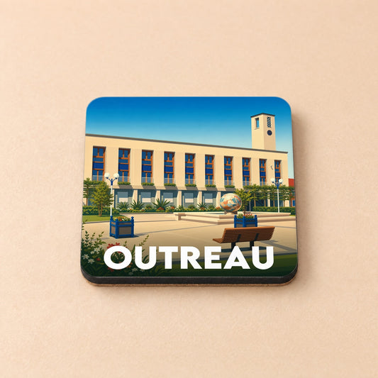 Dessous de verre souvenir de la ville de Outreau avec une illustration stylisée de son hôtel de ville.