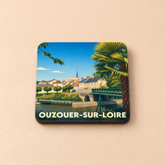 Dessous de verre souvenir de la ville d'Ouzouer-sur-Loire avec une illustration stylisée.