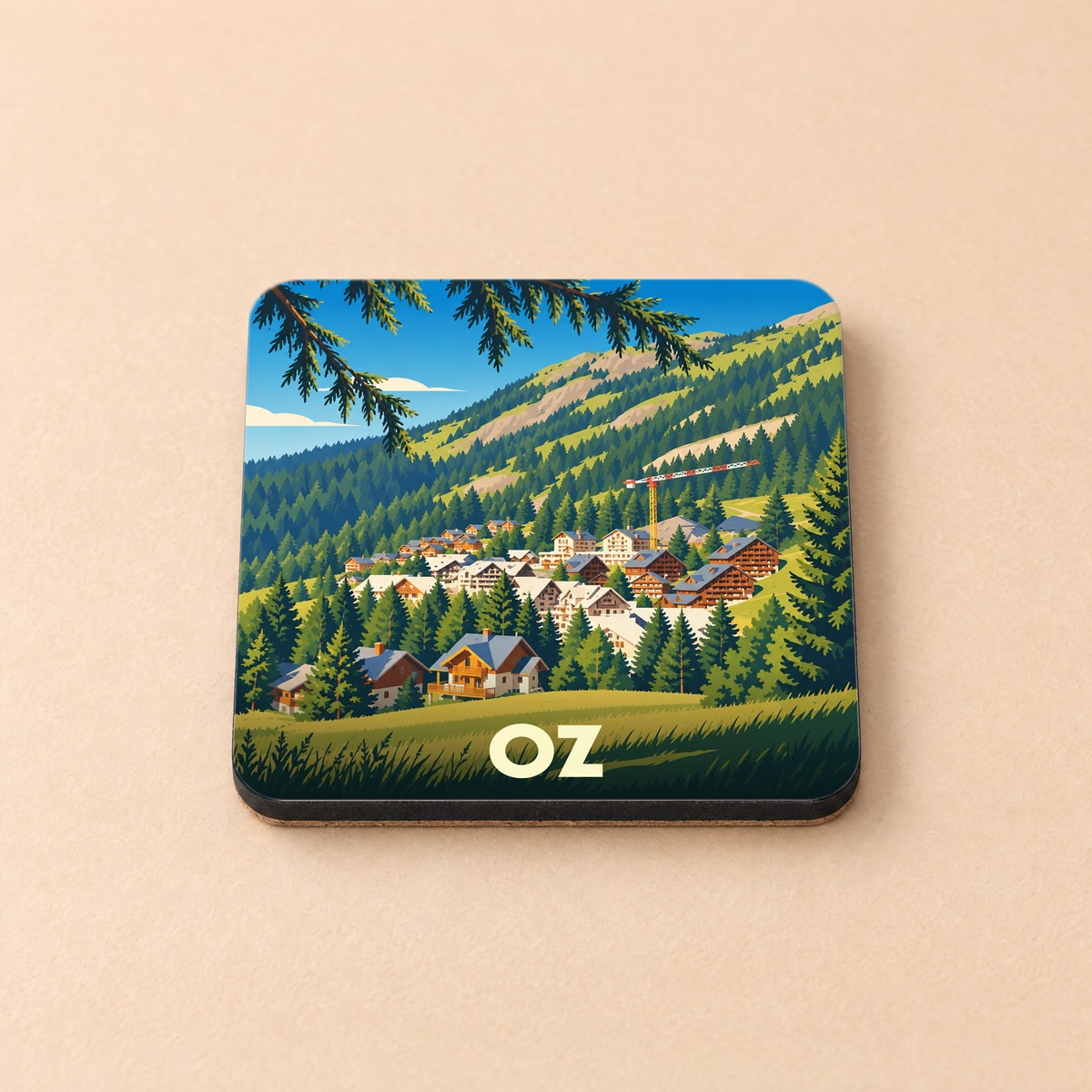 Dessous de verre souvenir de la ville de Oz avec une illustration stylisée de station de montagne.