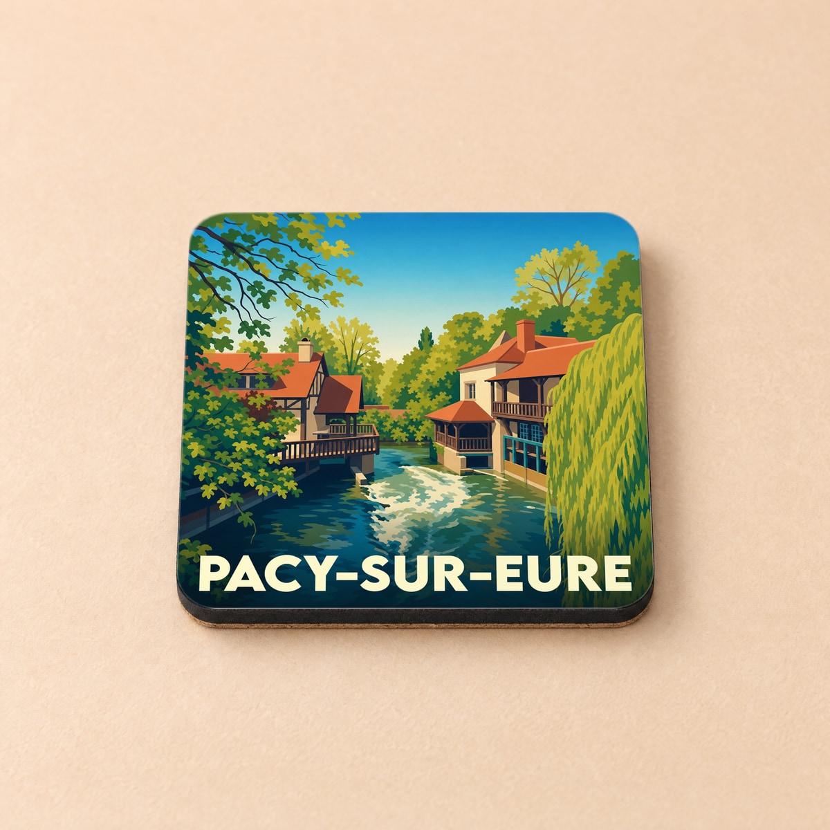 Dessous de verre souvenir de la ville de Pacy-sur-Eure avec une illustration stylisée des bords de l'Eure.