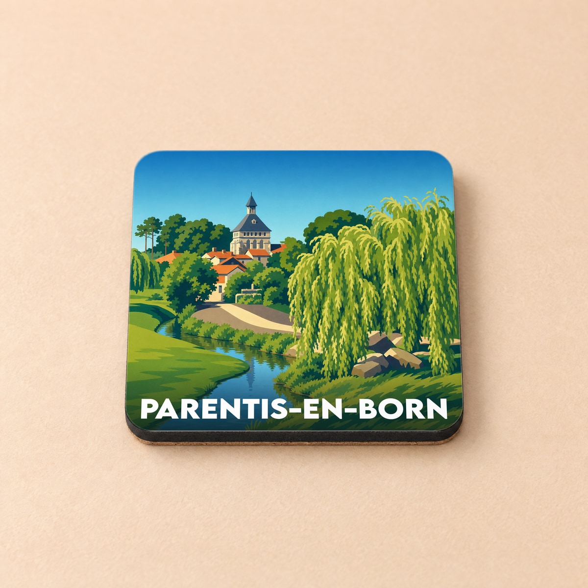 Dessous de verre souvenir de la ville de Parentis-en-Born avec une illustration stylisée.