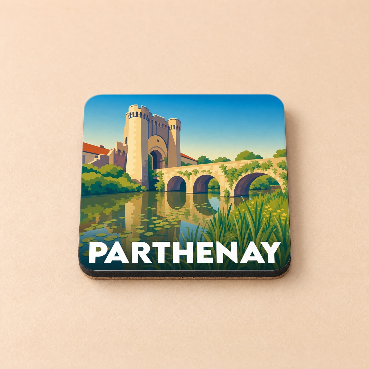 Dessous de verre souvenir de la ville de Parthenay avec une illustration stylisée de son pont fortifié.