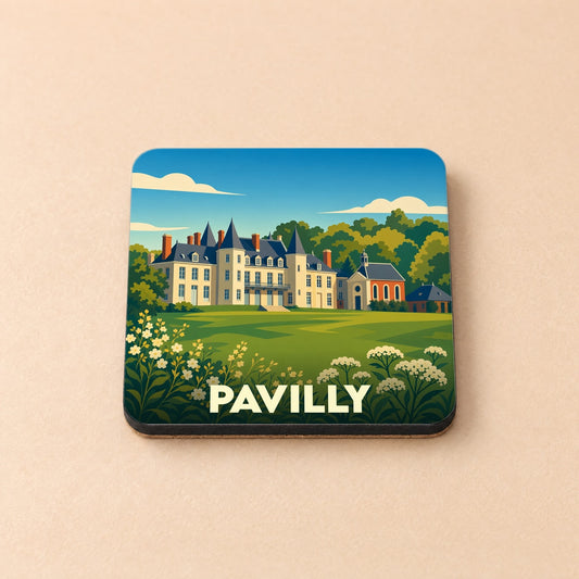 Dessous de verre souvenir de la ville de Pavilly orné d'une illustration stylisée du château de la commune.