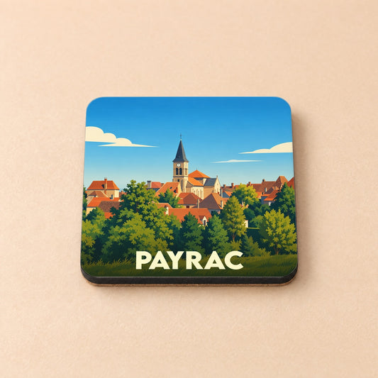 Dessous de verre souvenir de la ville de Payrac avec une illustration stylisée.