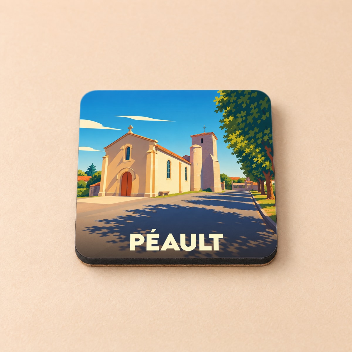 Dessous de verre souvenir de la ville de Péault avec une illustration stylisée de son église sous un ciel bleu.