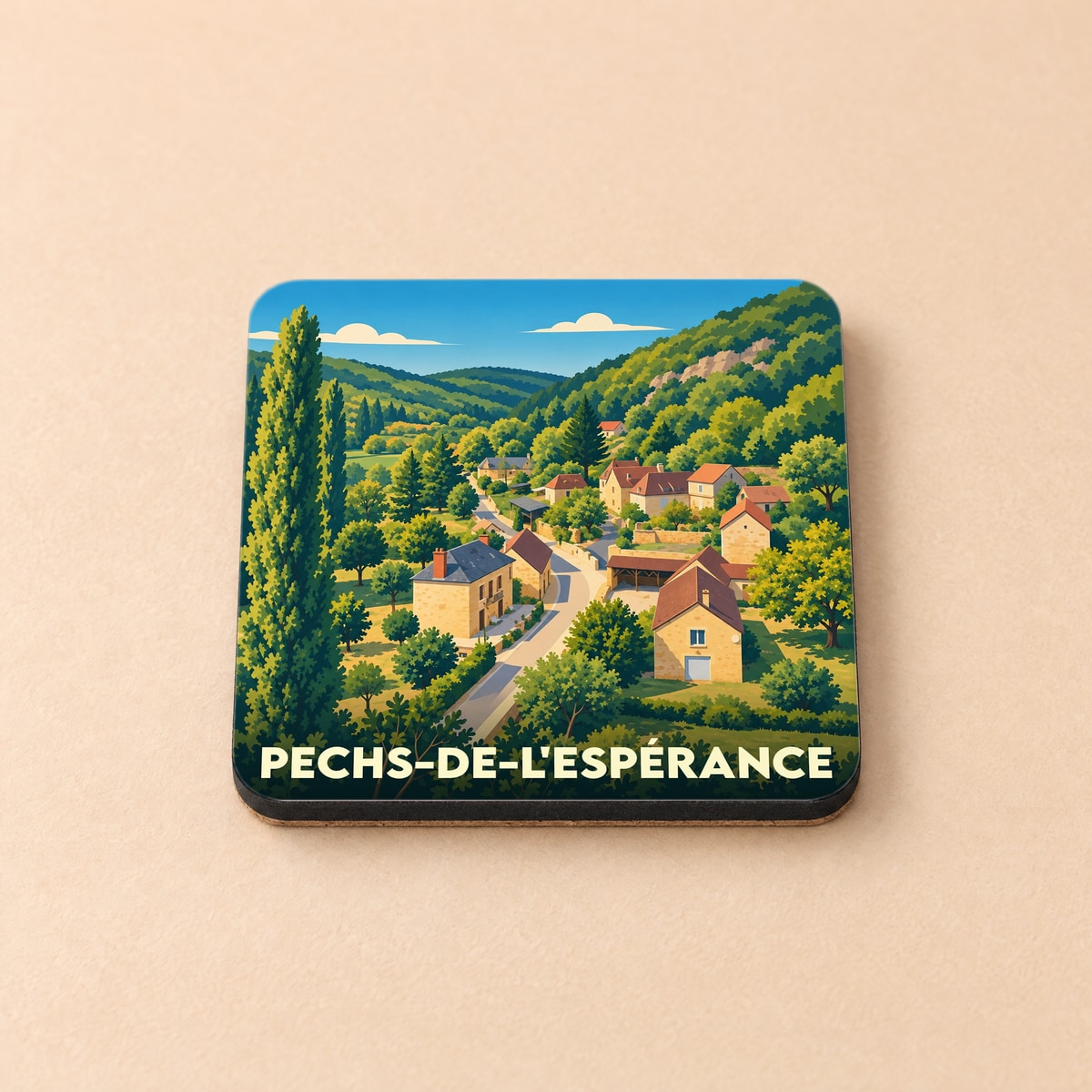 Dessous de verre souvenir de la ville de Pechs-de-l'Espérance avec une illustration stylisée de son paysage vallonné.