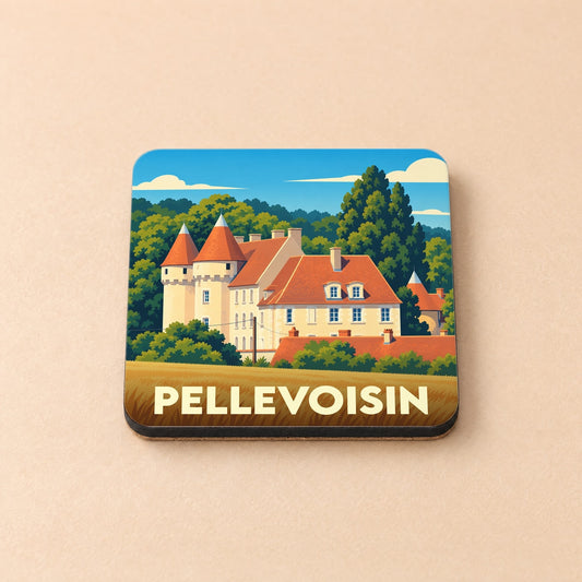 Dessous de verre souvenir de la ville de Pellevoisin avec une illustration stylisée de son château.