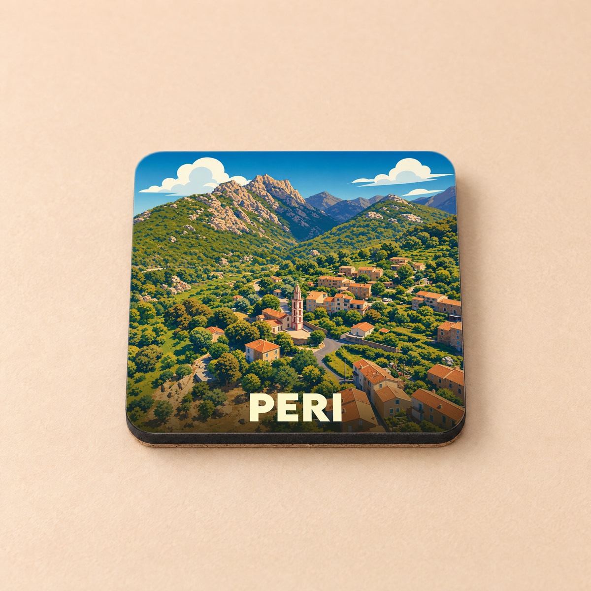 Dessous de verre souvenir de la ville de Peri avec une illustration stylisée de son paysage montagneux.