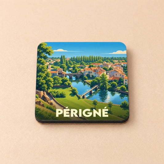 Dessous de verre souvenir de la ville de Périgné avec une illustration stylisée.