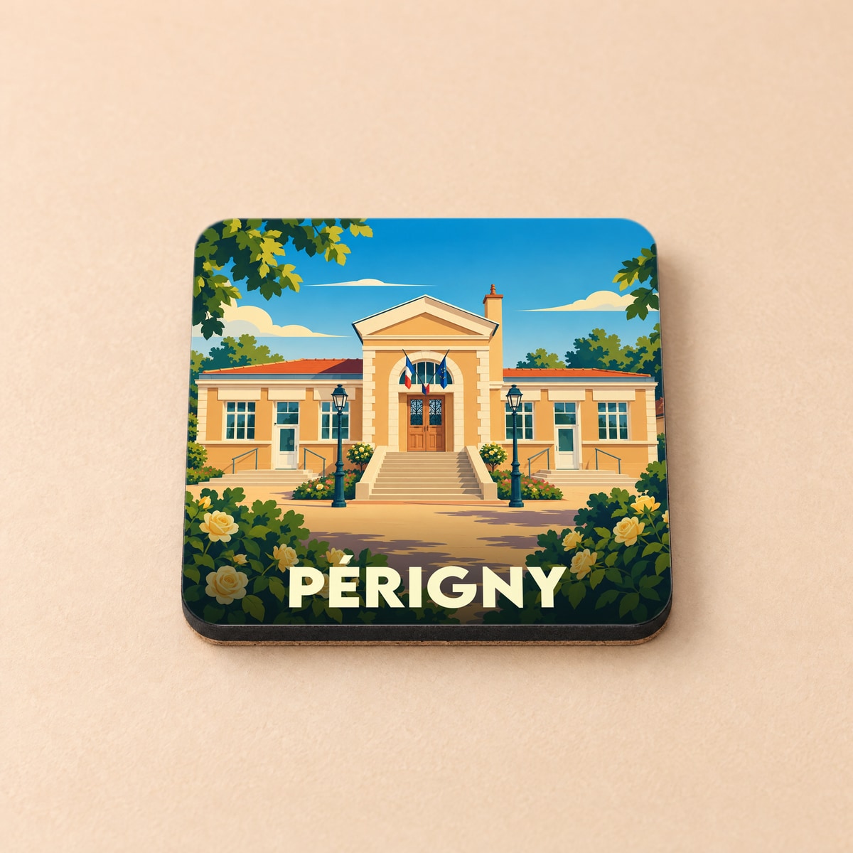 Dessous de verre souvenir de la ville de Périgny avec une illustration stylisée de sa mairie.