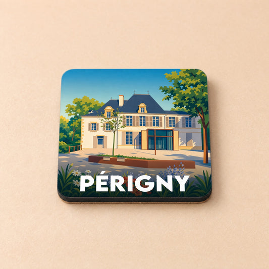 Dessous de verre souvenir de la ville de Périgny avec une illustration stylisée de sa mairie.