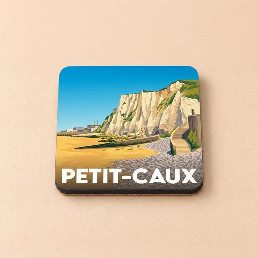 Dessous de verre souvenir de la ville de Petit-Caux avec une illustration stylisée de ses falaises.