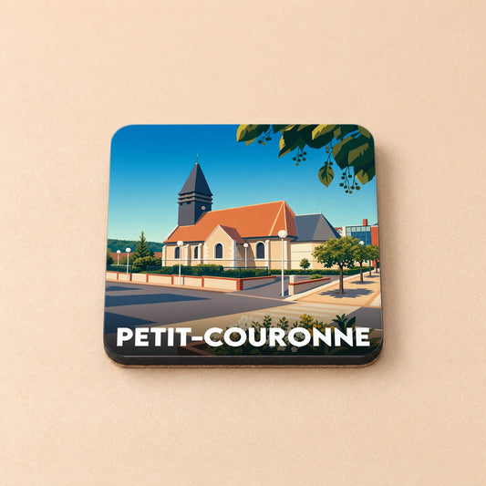Dessous de verre souvenir de la ville de Petit-Couronne avec une illustration stylisée d'une église.