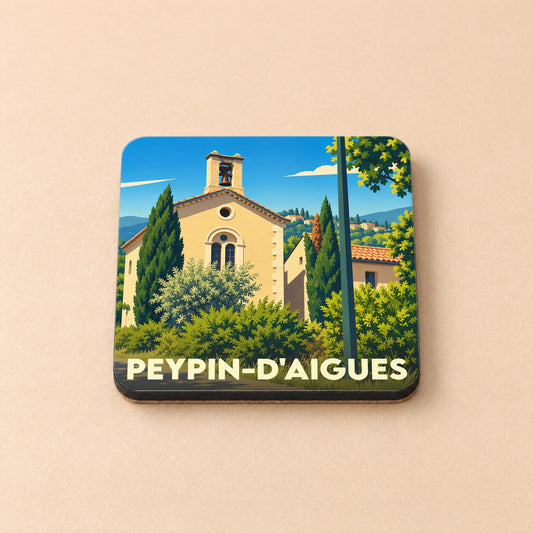 Dessous de verre souvenir de Peypin-d'Aigues avec une illustration stylisée de l'église locale.
