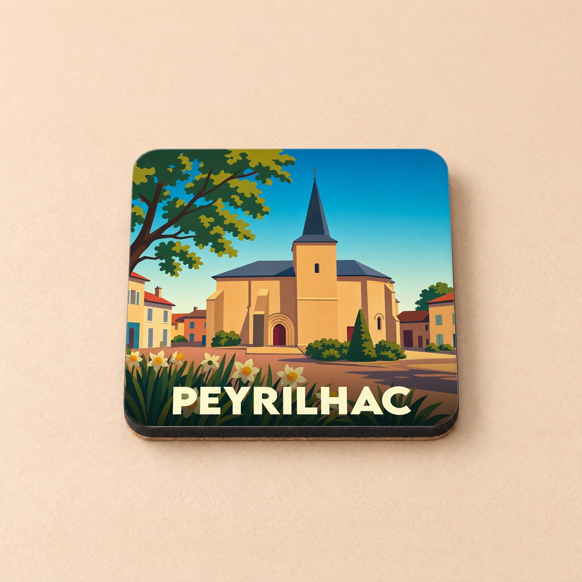 Dessous de verre souvenir de la ville de Peyrilhac avec une illustration stylisée de son église.