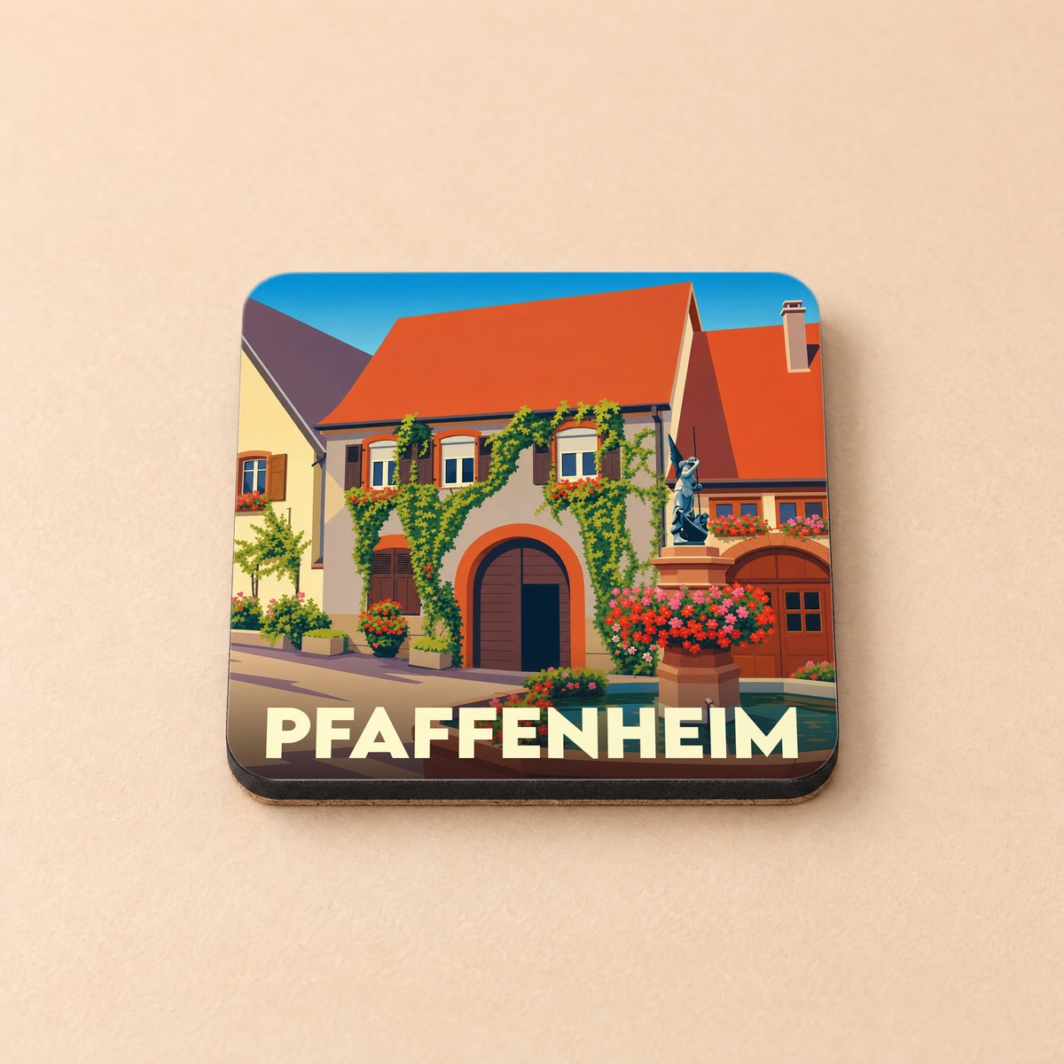 Dessous de verre souvenir de la ville de Pfaffenheim avec une illustration stylisée.