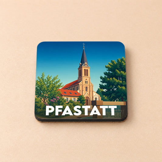 Dessous de verre souvenir de la ville de Pfastatt illustré d'une vue stylisée de son église.