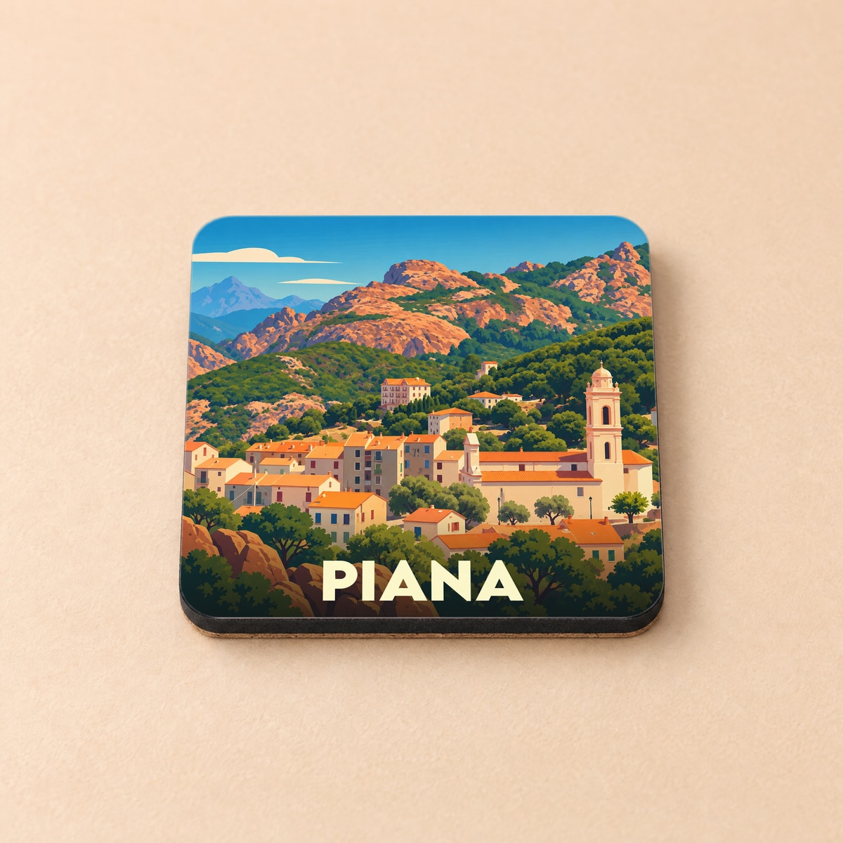 Dessous de verre souvenir de la ville de Piana arborant une illustration stylisée de son village et de ses montagnes.